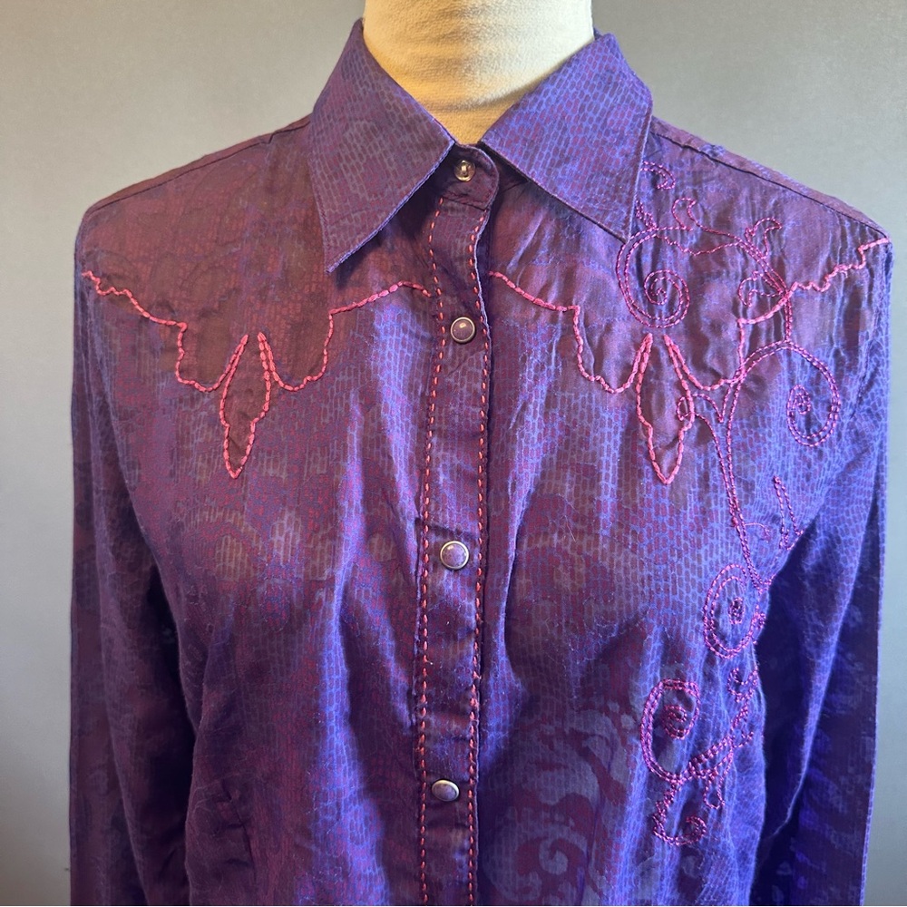Women's Wrangler Snap Button Embroidered Sheer Shirt Purple Pink Sz M - Picture 2 of 12